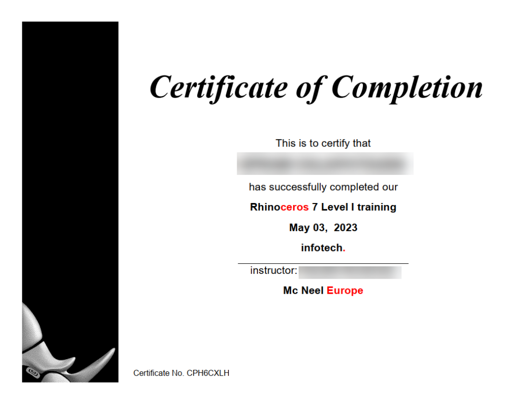 Πιστοποιήση Rhino - Certificate of Completion